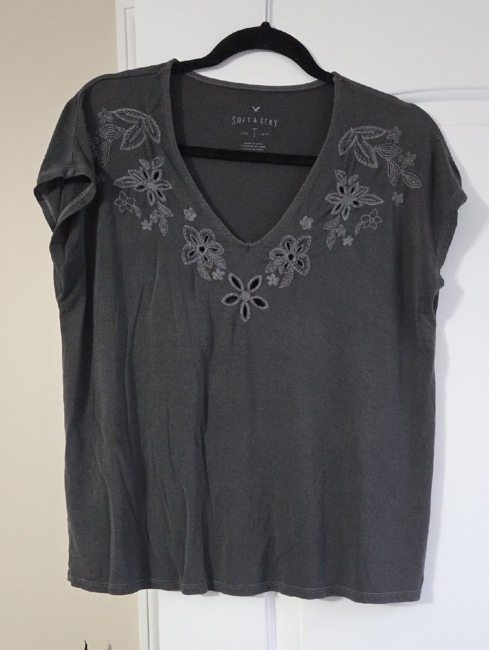 American Eagle Outfitters Charcoal Gray V-Neck Top with Floral Embroidery